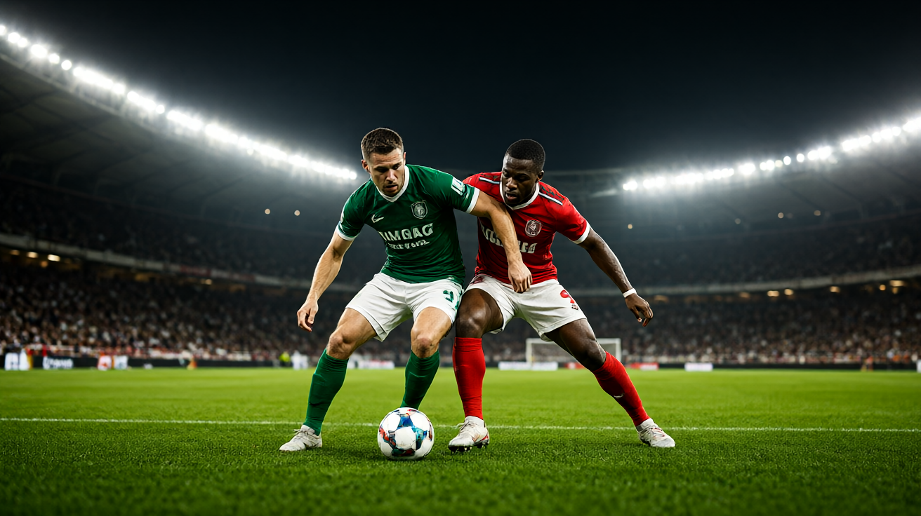 8866体育足球赛事直播现场，球场灯光下激烈对抗