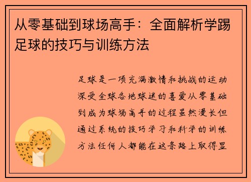 从零基础到球场高手：全面解析学踢足球的技巧与训练方法